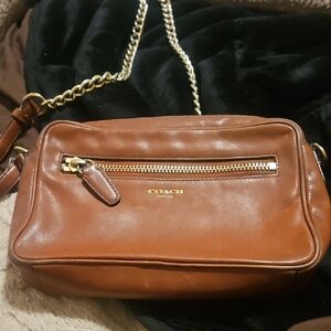 Coach Tan Leather Crossbody Bag with Gold Chain